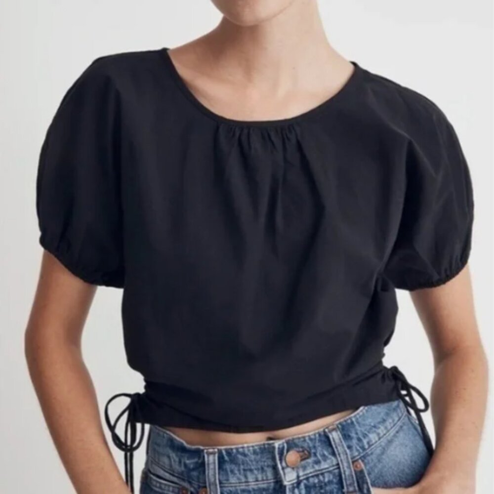 Madewell Poplin Puff-Sleeve Cutout Crop Top Black, NWT, XL